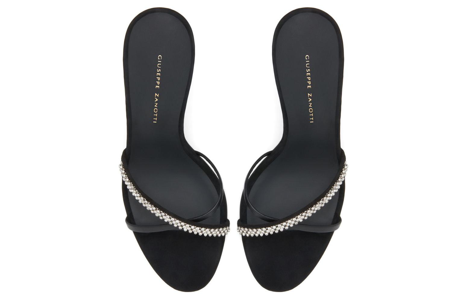 Shop (W) Giuseppe Zanotti Velvet Slide Tumit Tinggi 'Hitam' Terbuka Depan E000026002