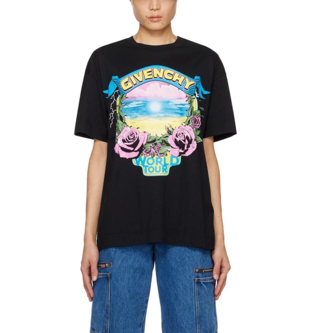 Shop (Women) Givenchy  Black Graphic Print Crewneck Short Sleeve T-Shirt BM71JA3YJ7-001