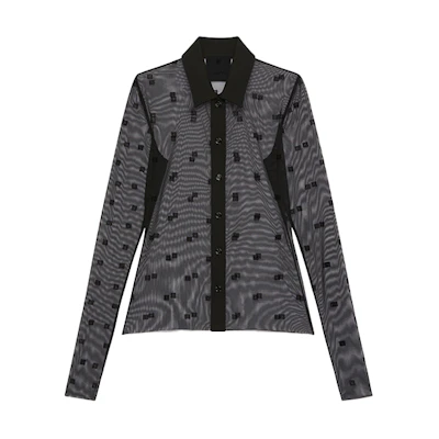 (Women) GIVENCHY Black Sheer 4G Pattern Slim-Fit Long-Sleeve Shirt. BW60X530TD-001
