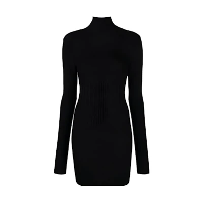 (Women) Givenchy FW22 Black High-Neck Cinched-Waist Long-Sleeve Dress. BW219B40CY-001