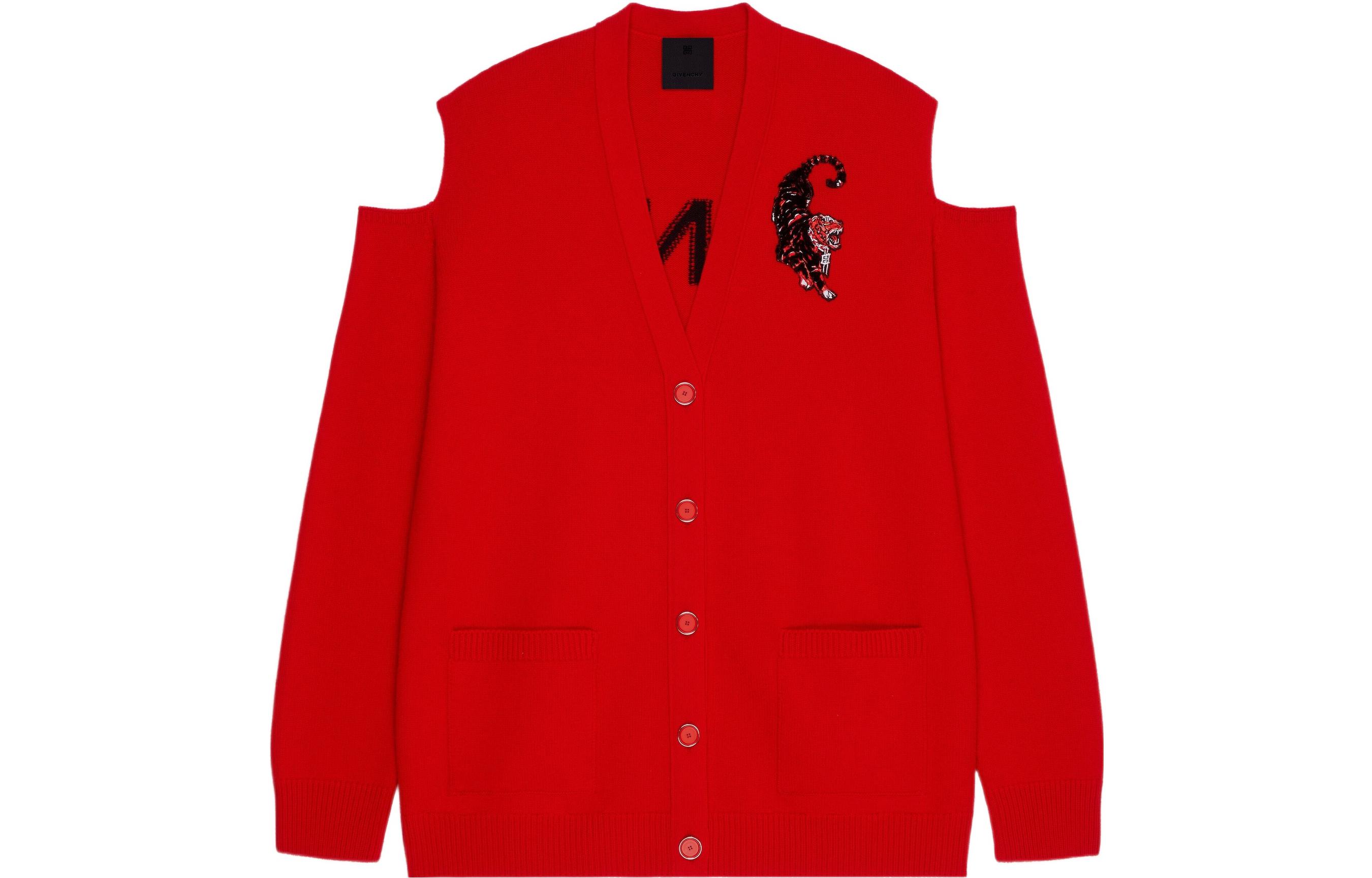 (Women) Givenchy FW22  Red Tiger Patch Logo V-Neck Button Knit Cardigan Sweater. BW90ES4ZBZ-606