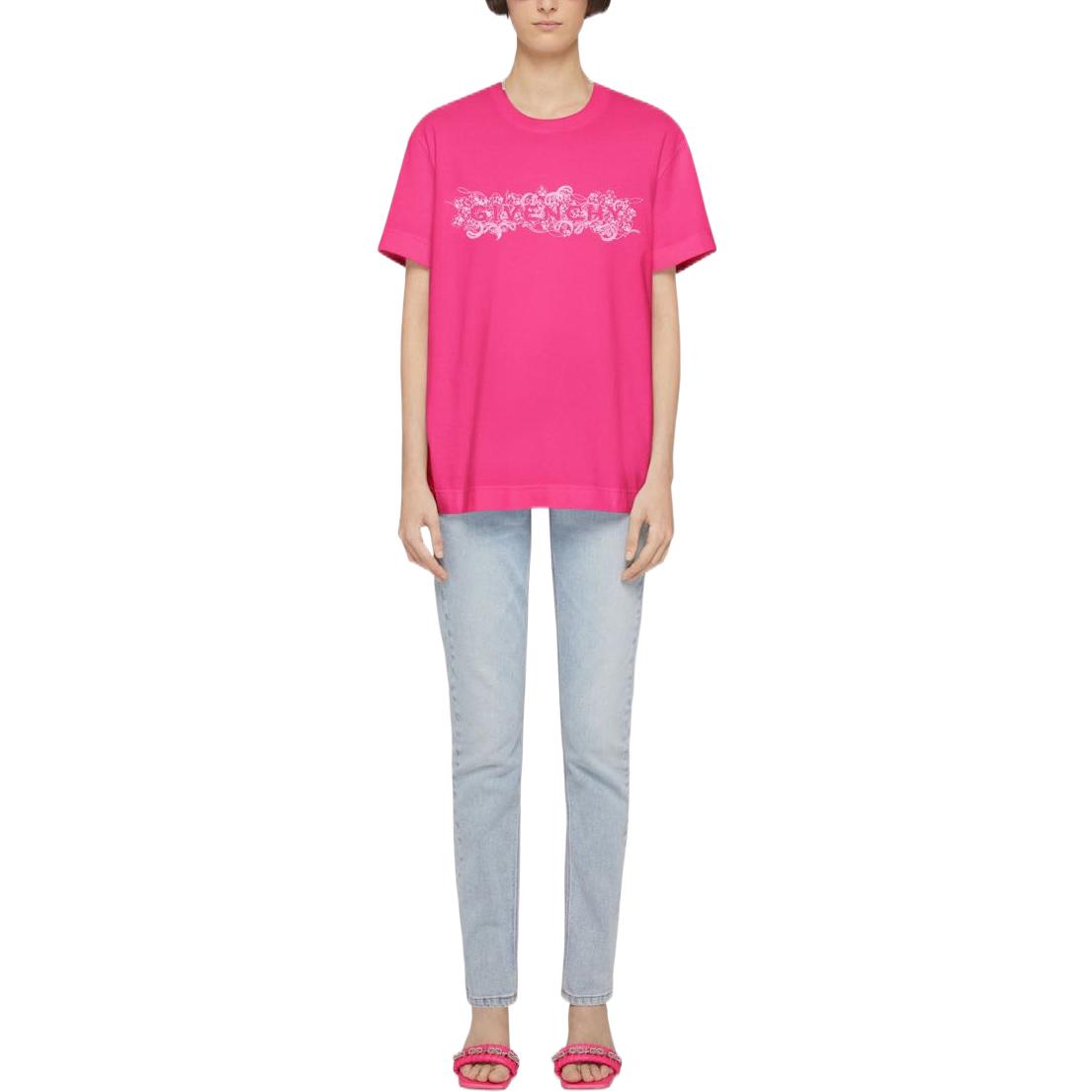 Shop (Women) GIVENCHY FW22 Creative Logo Pink Short Sleeve Casual T-Shirt for Women. BW707Z3ZAB-675