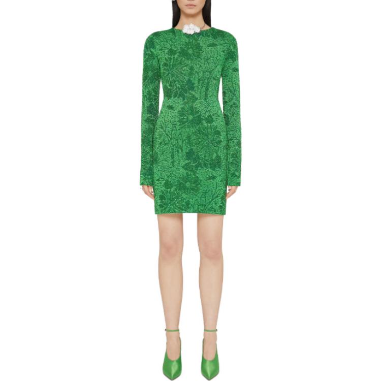 Lookbook (W) 纪梵希FW23绿色花卉提花长袖迷你连衣裙女士款 BW21TD4ZJP-366
