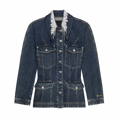 (Women) GIVENCHY FW24 Blue Denim Jacket with Lace Embroidery and Single Button. BW00QCG1ZS-420