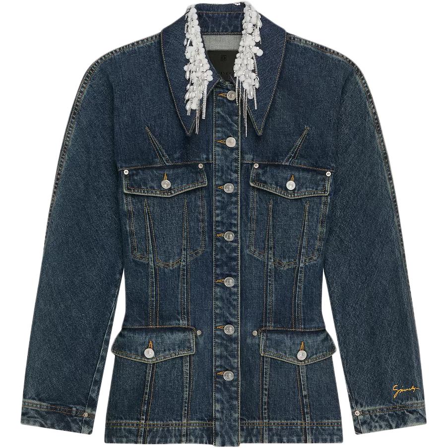 Order (W) GIVENCHY FW24 Jaket Denim Biru dengan Bordir Renda dan Satu Kancing. BW00QCG1ZS-420