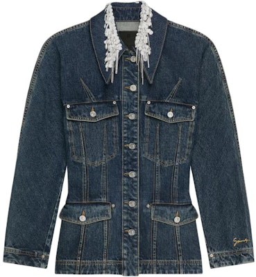 (W) GIVENCHY FW24 Jaket Denim Biru dengan Bordir Renda dan Satu Kancing. BW00QCG1ZS-420 Order (W) GIVENCHY FW24 Jaket Denim Biru dengan Bordir Renda dan Satu Kancing. BW00QCG1ZS-420