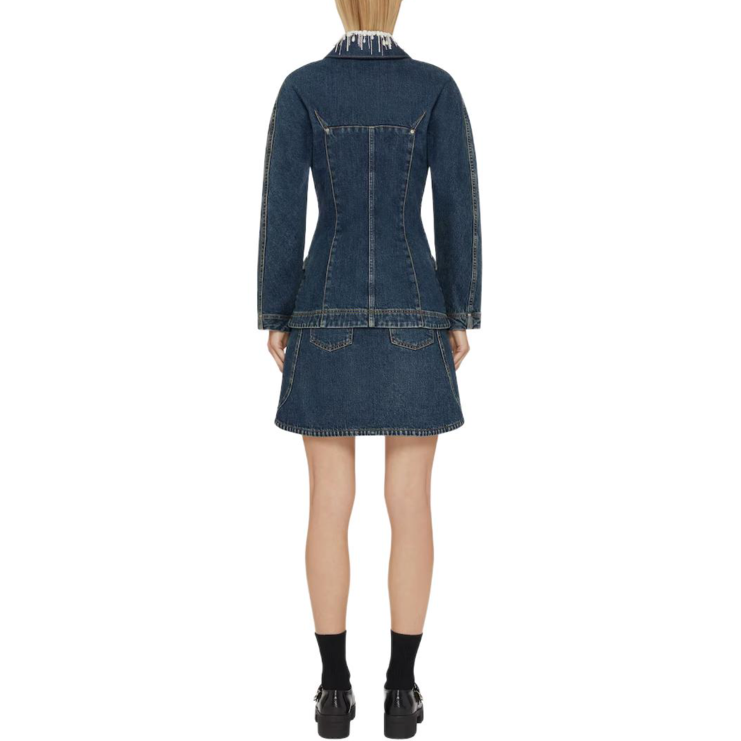 Shop (W) GIVENCHY FW24 Jaket Denim Biru dengan Bordir Renda dan Satu Kancing. BW00QCG1ZS-420