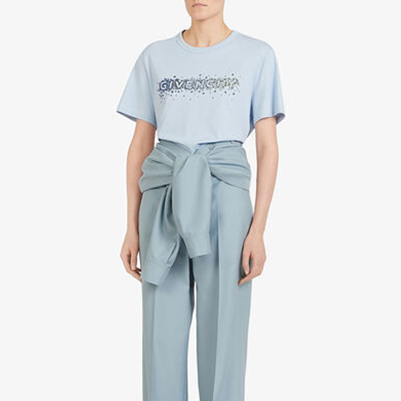 (Women) Givenchy Logo Embroidered Short Sleeve T-Shirt Light Blue BW707Z3Z3Z-450 圖 4