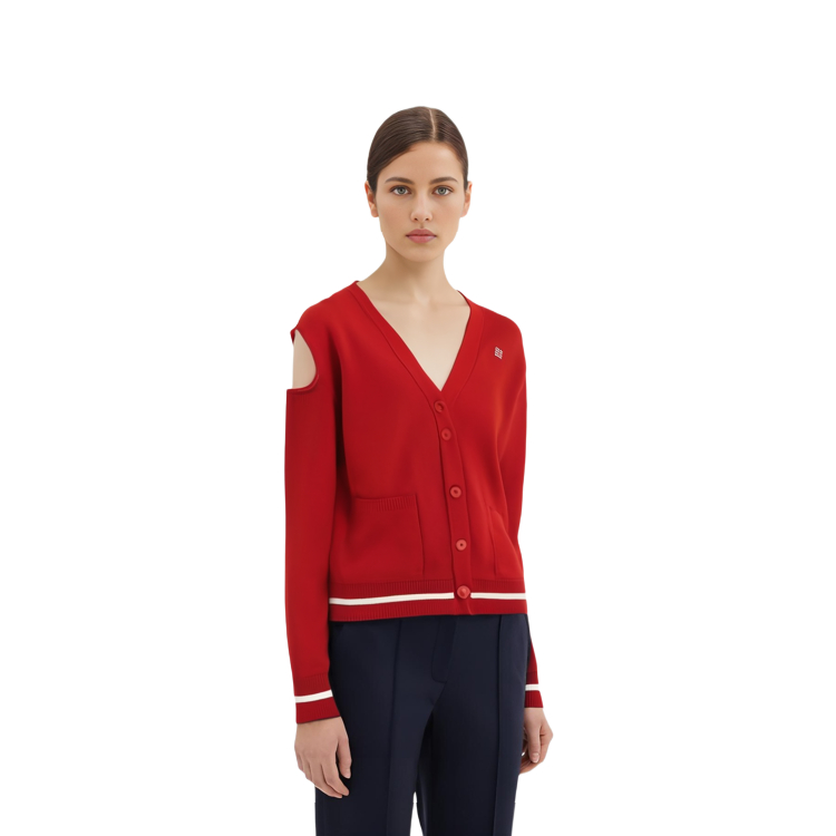 Shop (W) Givenchy Sweater Merah V-Neck Logo Kancing Lengan Panjang Wanita. BW90L04ZBJ-616