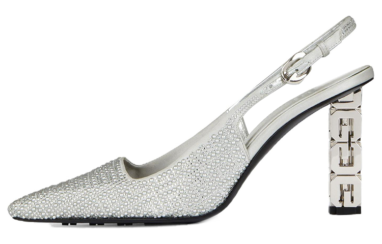 (W) Givenchy Satin Open Heel Studded Rhinestone High Heels 'Silver 8.4cm'