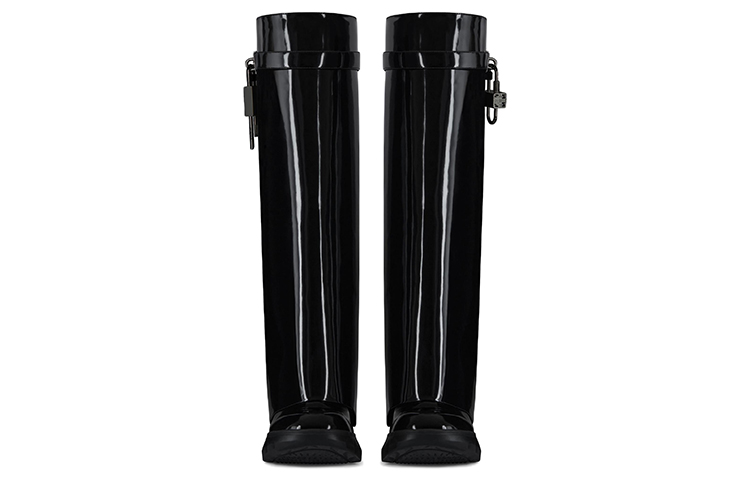 Lookbook (W) Givenchy Shark Lock Leren Hoge Laarzen ''Zwart Lakleer'' BE7022E1FT-001