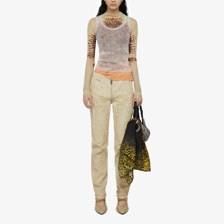 Lookbook (W) 지방시 SS21 레몬 옐로우 벨벳 프린트 긴팔 티셔츠. BW70913Z5L-747