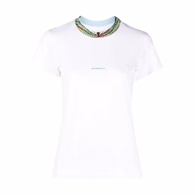 (Women) Givenchy SS22 White Cotton T-Shirt with Embroidered Logo Details. BW707Y3Z93-100