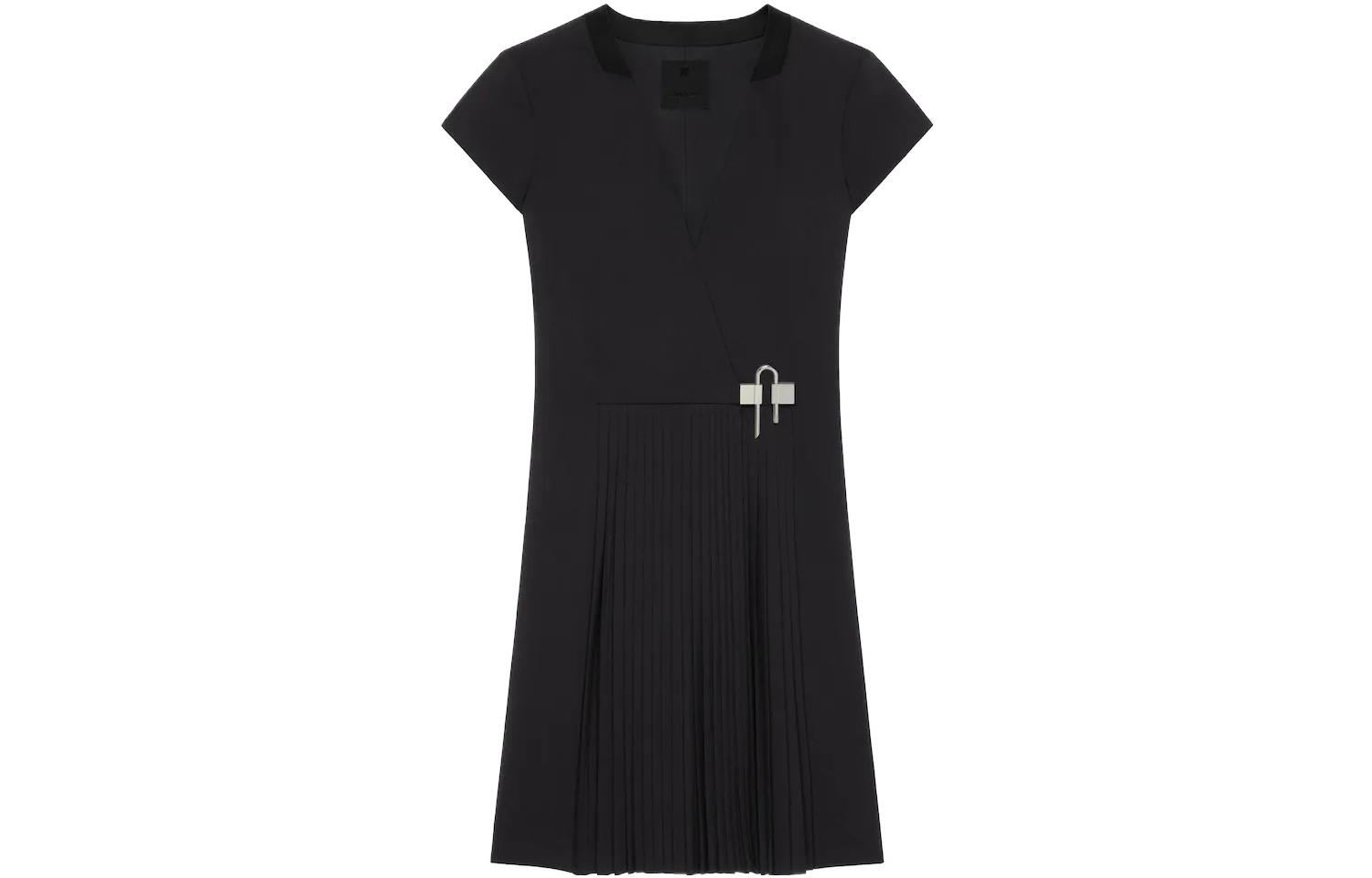 (Women) GIVENCHY SS22 Black V-Neck Ruched Mini Dress with U-Shaped Lock for Women. BW21DK1497-001