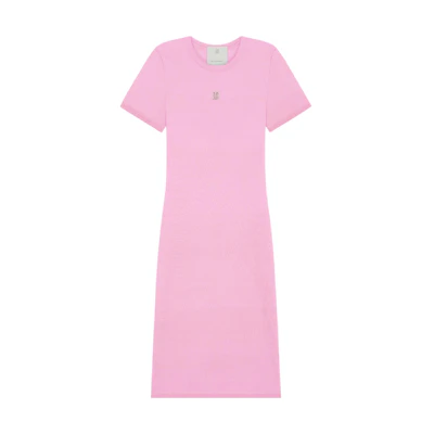 (Women) Givenchy SS23 Pink Knit Short Sleeve Dress with Logo Print. BW21LZ4ZH1-671
