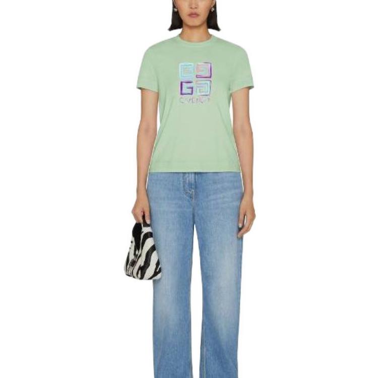 Lookbook (Women) Givenchy SS23  Solid Color Printed Slim Fit Green T-Shirt. BW70AS3YCU-340