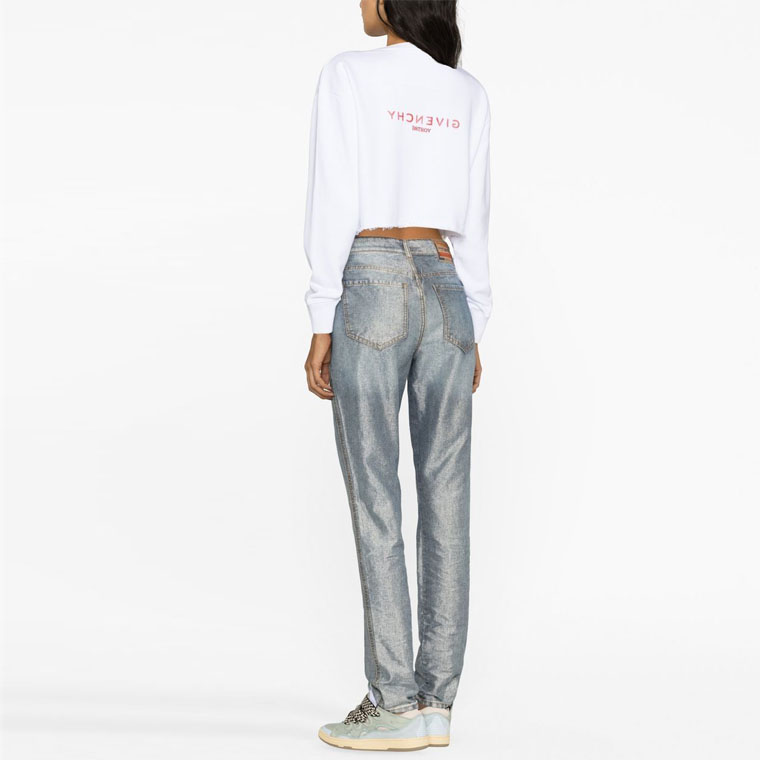 Shop (W) 지방시 SS23 컬러블록 로고 프린트 크롭 크루넥 스웻셔츠 여성 화이트. BWJ0203Y99-100