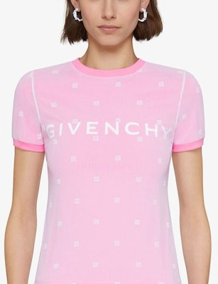 (W) 지방시 SS23 핑크 로고 프린트 여성용 크루넥 티셔츠. BW70CG3YDU-656 Details for (W) 지방시 SS23 핑크 로고 프린트 여성용 크루넥 티셔츠. BW70CG3YDU-656