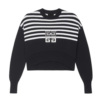 (Women) GIVENCHY SS24 Black Striped Logo Pattern Cropped Crewneck Sweatshirt. BW90PJ4ZL2-001