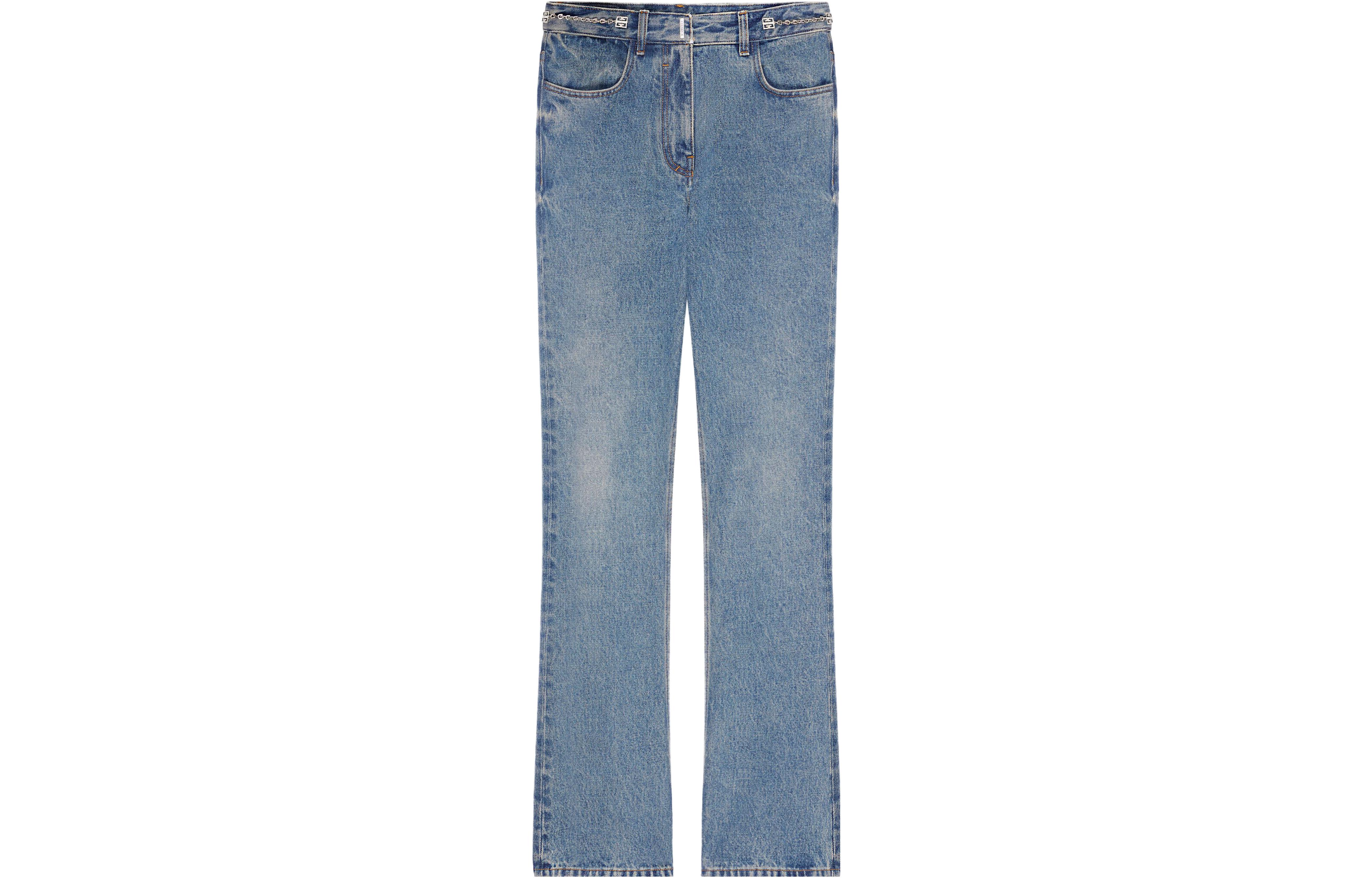 Order (W) Givenchy SS24 Jeans Flared Mid-Rise Aksen Logo Metal Wanita - Biru. BW51145Y9N-420