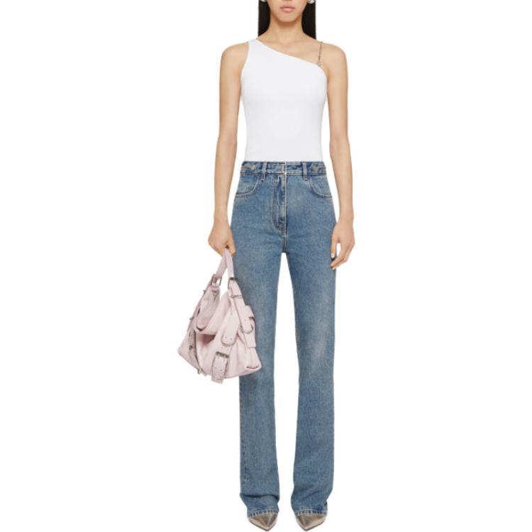 Lookbook (W) Givenchy SS24 Jeans Flared Mid-Rise Aksen Logo Metal Wanita - Biru. BW51145Y9N-420