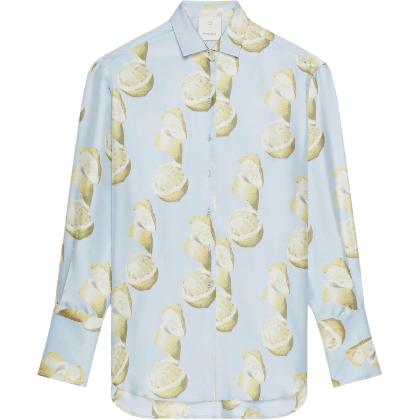 (Women) GIVENCHY SS24 Lemon Print Embroidered Logo Long Sleeve Shirt Blue BW618M15MX-969