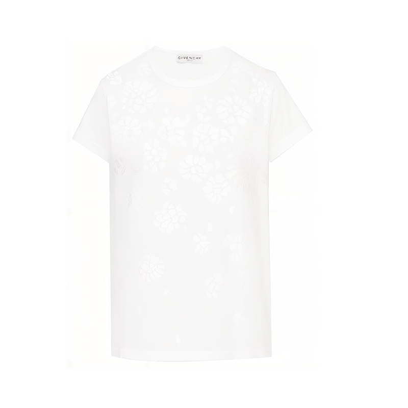 (Women) Givenchy White Floral Appliqué Short Sleeve T-Shirt BW707Y3Z3D-100