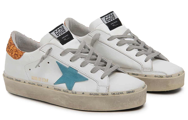 Lookbook 金鵝 Hi-Star 皮革 藍色五芒星 金色閃尾 女款 休閒鞋 白色 做舊款