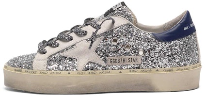(Women) Golden Goose Hi Star 'Silver Sequins Blue Heel Distressed' G35WS945.K7 (Women) Golden Goose Hi Star 'Silver Sequins Blue Heel Distressed' G35WS945.K7