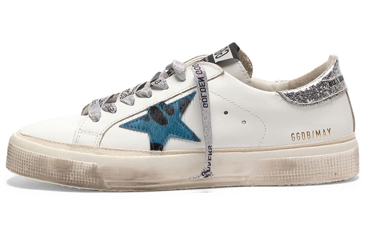 (Women) Golden Goose May 'Blue Print Star Glitter Heel - Distressed White' G35WS127.M4