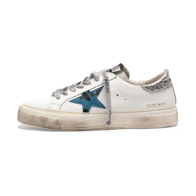 (W) Golden Goose May 'Blue Print Star Glitter Heel - Distressed White'