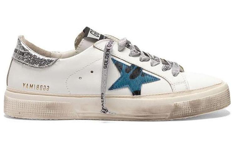 Order 金鵝 May 皮革 藍印花星星 閃光後跟 女款 休閒鞋 白色 做舊款