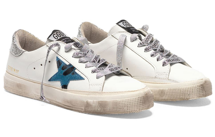 Lookbook 金鵝 May 皮革 藍印花星星 閃光後跟 女款 休閒鞋 白色 做舊款