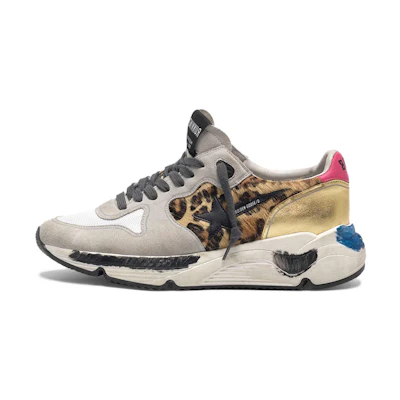 (W) Golden Goose Running Sole 'Leopard Gold Heel Grey Distressed'