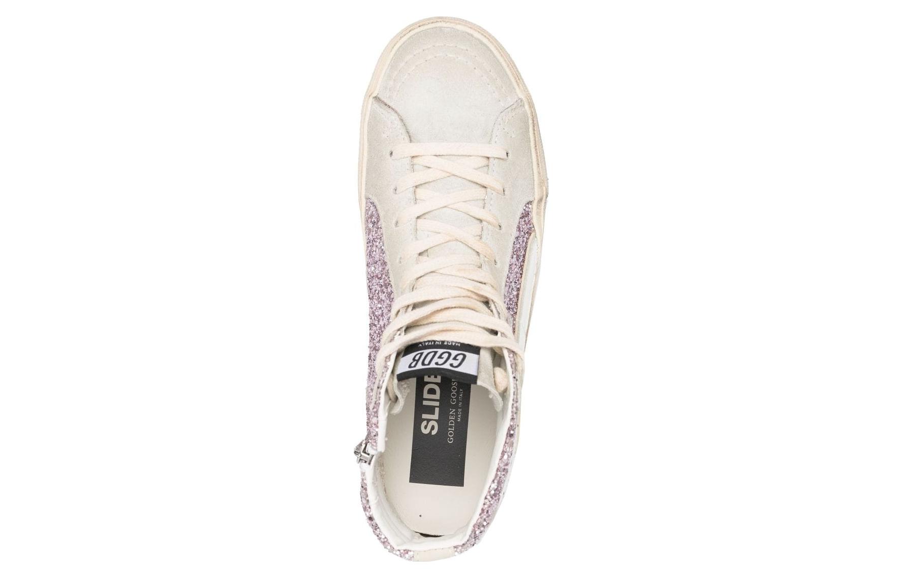 Shop Golden Goose Slide 皮革 拉鍊 亮片金蔥 防滑耐磨 高筒 滑板鞋 女款 紫白