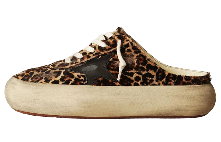 (Women) Golden Goose Space-Star Leather Clog Mules Beige Leopard Print Distressed. GWF00383.F003331.81472