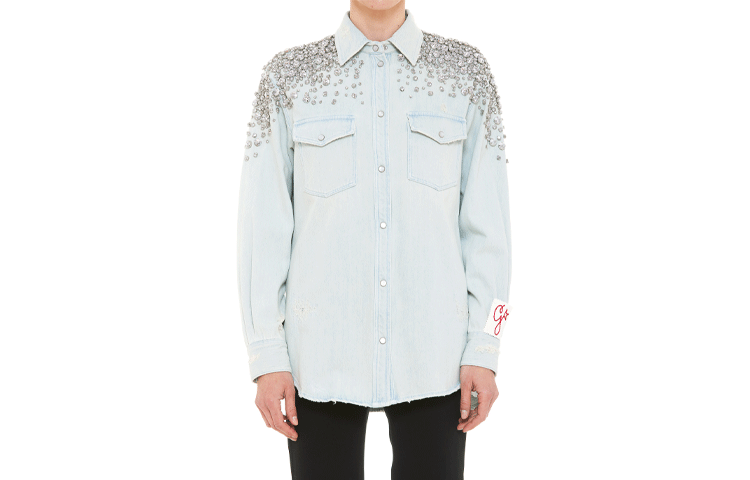 (Women) Golden Goose SS22  Blue Cotton Long Sleeve Shirt with Crystal Details GWP00589P00062750100