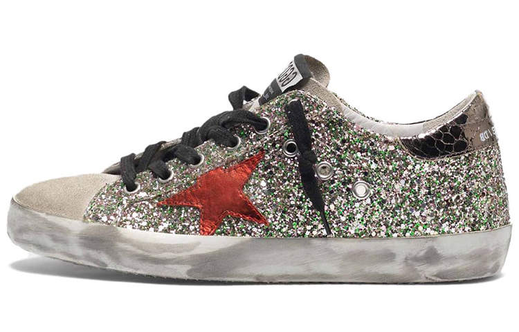 (W) Golden Goose Super-Star 'Red Star Silver Glitter Distressed Black Heel'