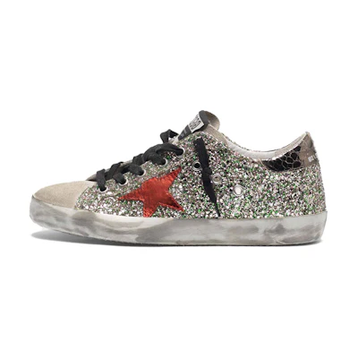 (W) Golden Goose Super-Star 'Red Star Silver Glitter Distressed Black Heel'