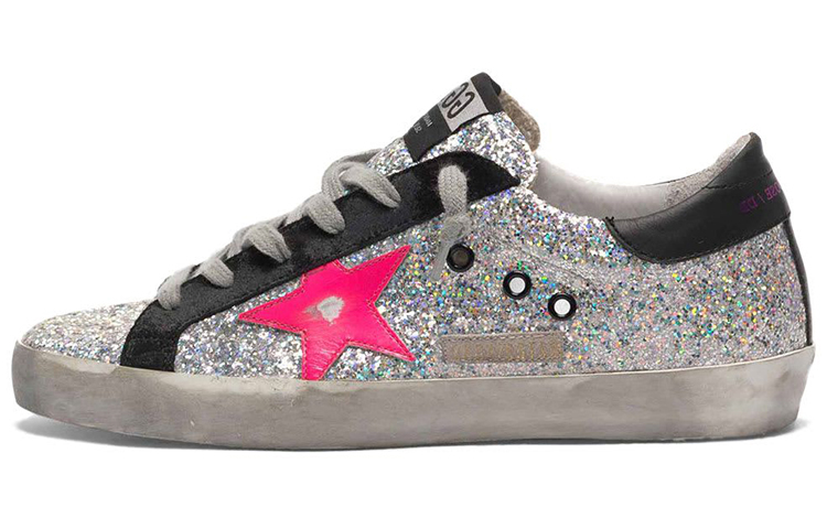 (W) Golden Goose Super-Star 'Silver Glitter Star with Black Heel Distressed'