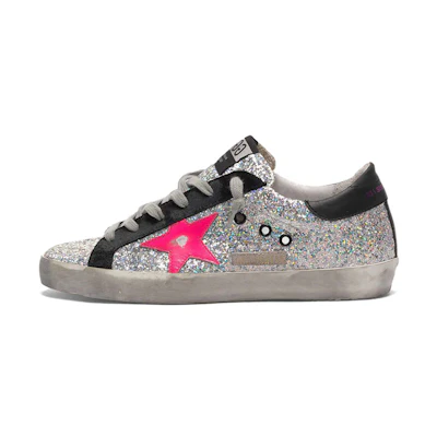 (W) Golden Goose Super-Star 'Silver Glitter Star with Black Heel Distressed'