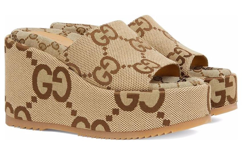 Shop (W) Gucci 105毫米厚底凉鞋 米色GG帆布 674761-UKO00-2580