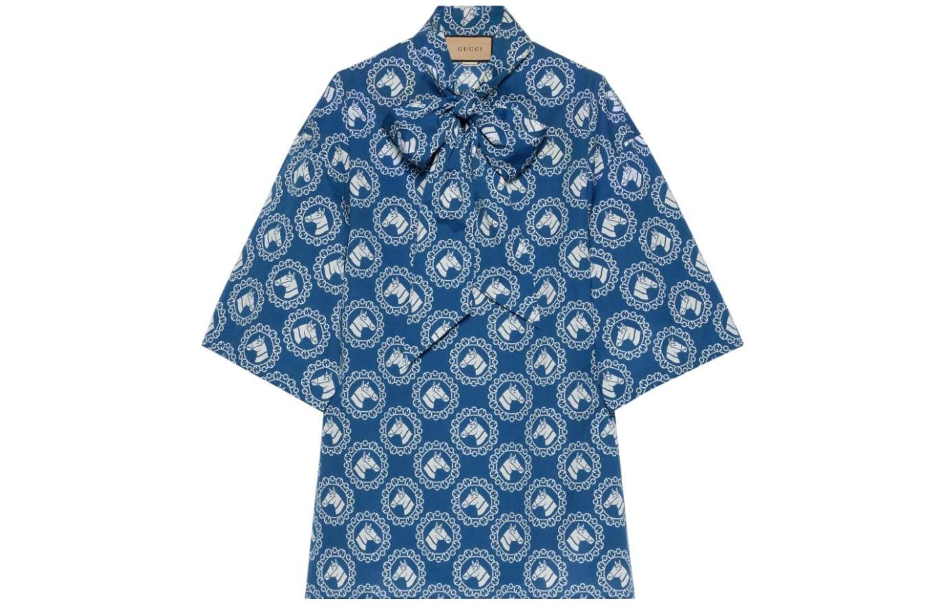 (Women) Gucci 2023 Pre-Fall Blue Equestrian Print Sun Protection Shirt 748392-ZAMYJ-4580