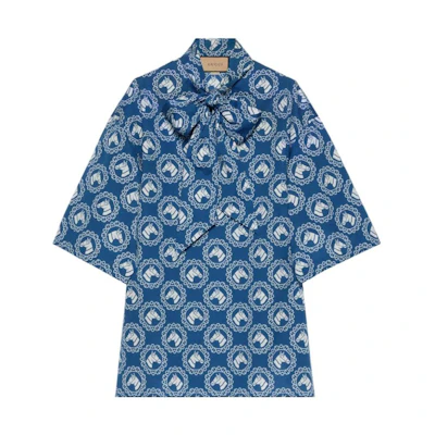 (Women) Gucci 2023 Pre-Fall Blue Equestrian Print Sun Protection Shirt 748392-ZAMYJ-4580