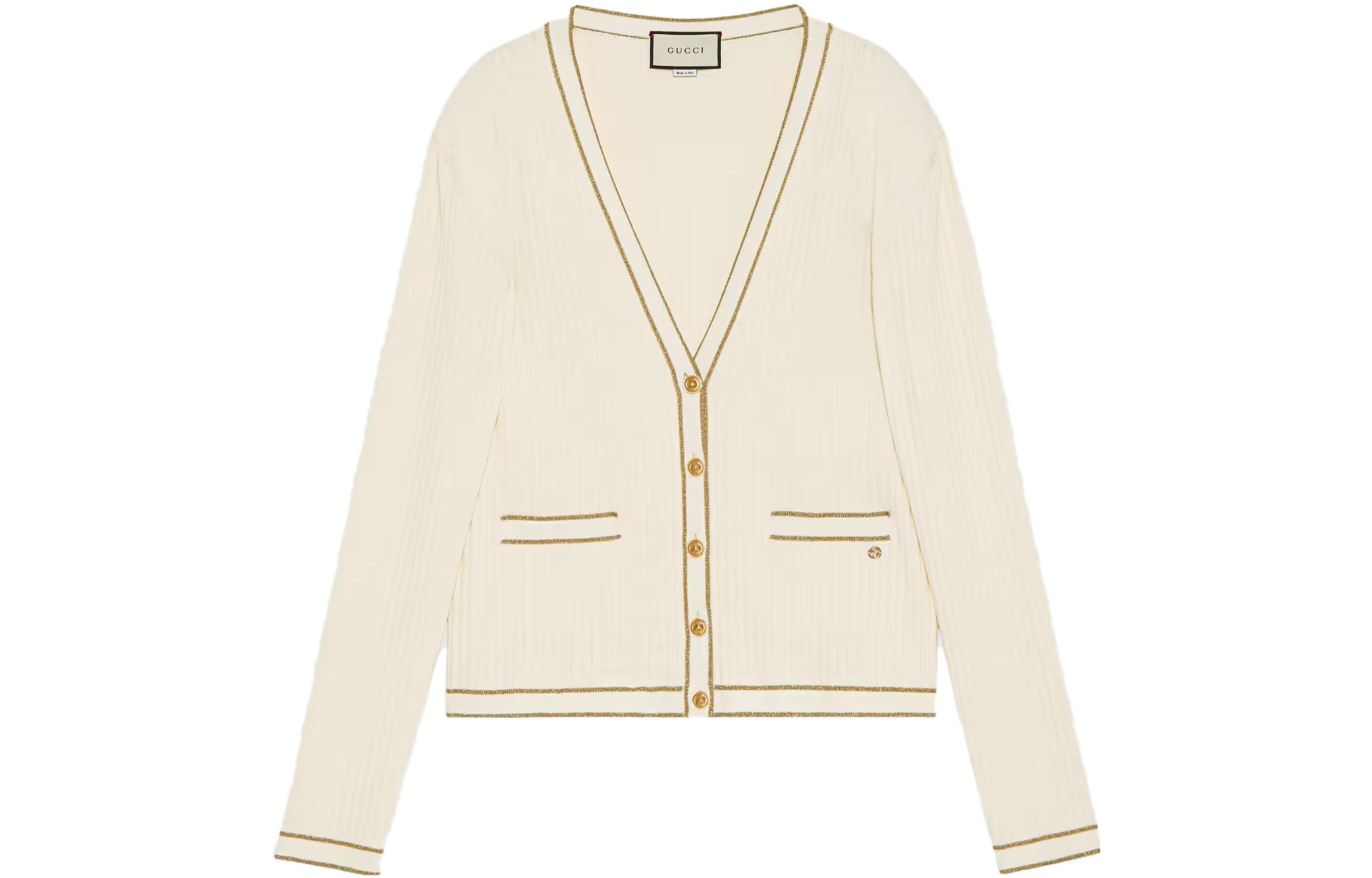 (Women) Gucci 2023 Pre-Fall Deep V-Neck Button Long Sleeve Knit Top Women Off-White. 742977-XKC78-9485