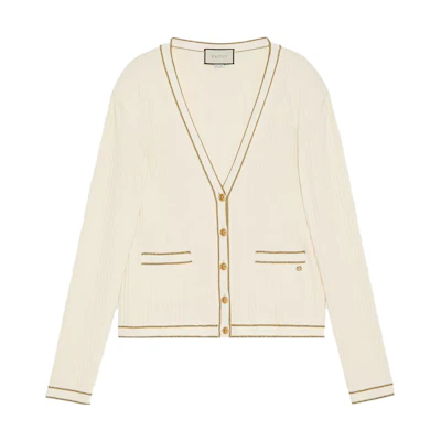 (Women) Gucci 2023 Pre-Fall Deep V-Neck Button Long Sleeve Knit Top Women Off-White. 742977-XKC78-9485