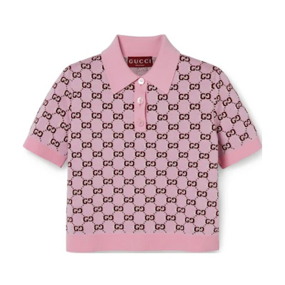 (Women) Gucci 2024 Pre-Fall Logo Jacquard Slim Fit Pink Polo Shirt for Women 798132-XKD8R-5283