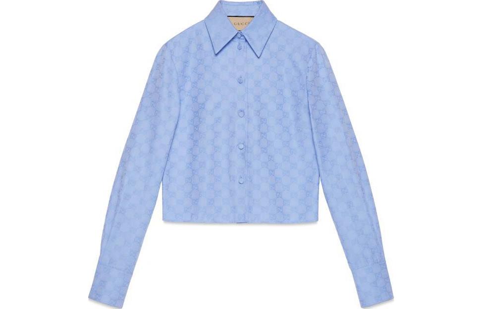 (Women) Gucci 2024 Pre-Spring Blue Printed Short Button Collar Shirt 770160-ZAM9M-4910