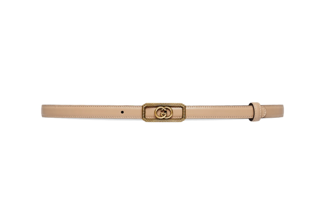 (Women) GUCCI  Beige Leather Belt with Double G Buckle, 1.5CM Wide. 7515560YA0G9909
