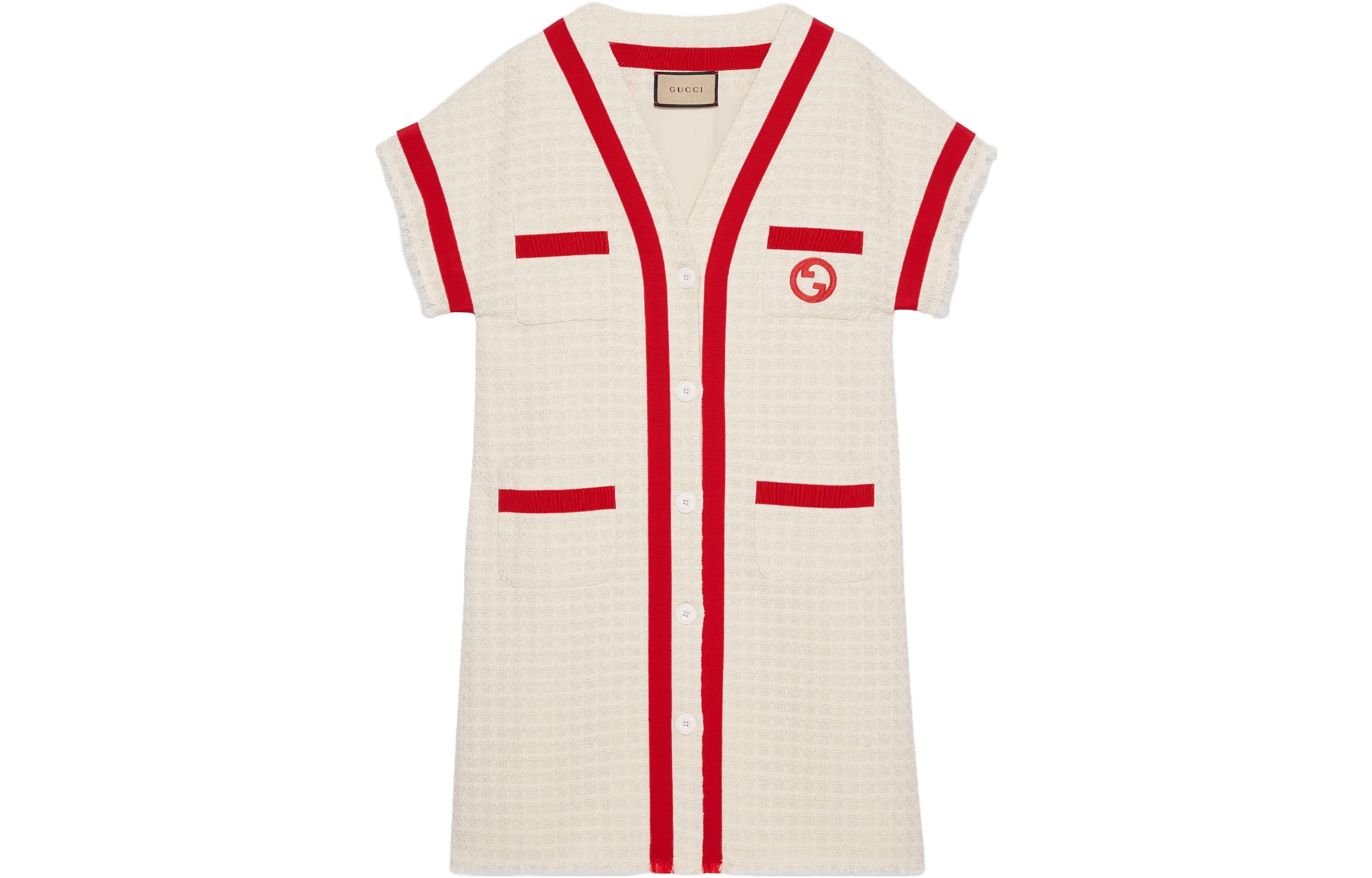 (Women) GUCCI  Beige Tweed Short-Sleeve Dress with Logo Patch. 756476-ZAOB3-9791